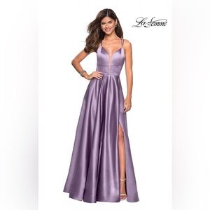 La Femme Purple Satin Prom Dress
